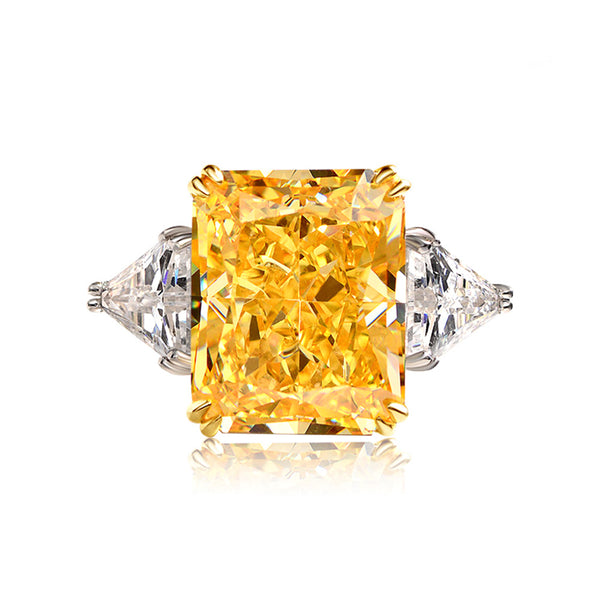 Three Stone Radiant Cut Yellow Sapphire Two Tone Sterling Silver Ring