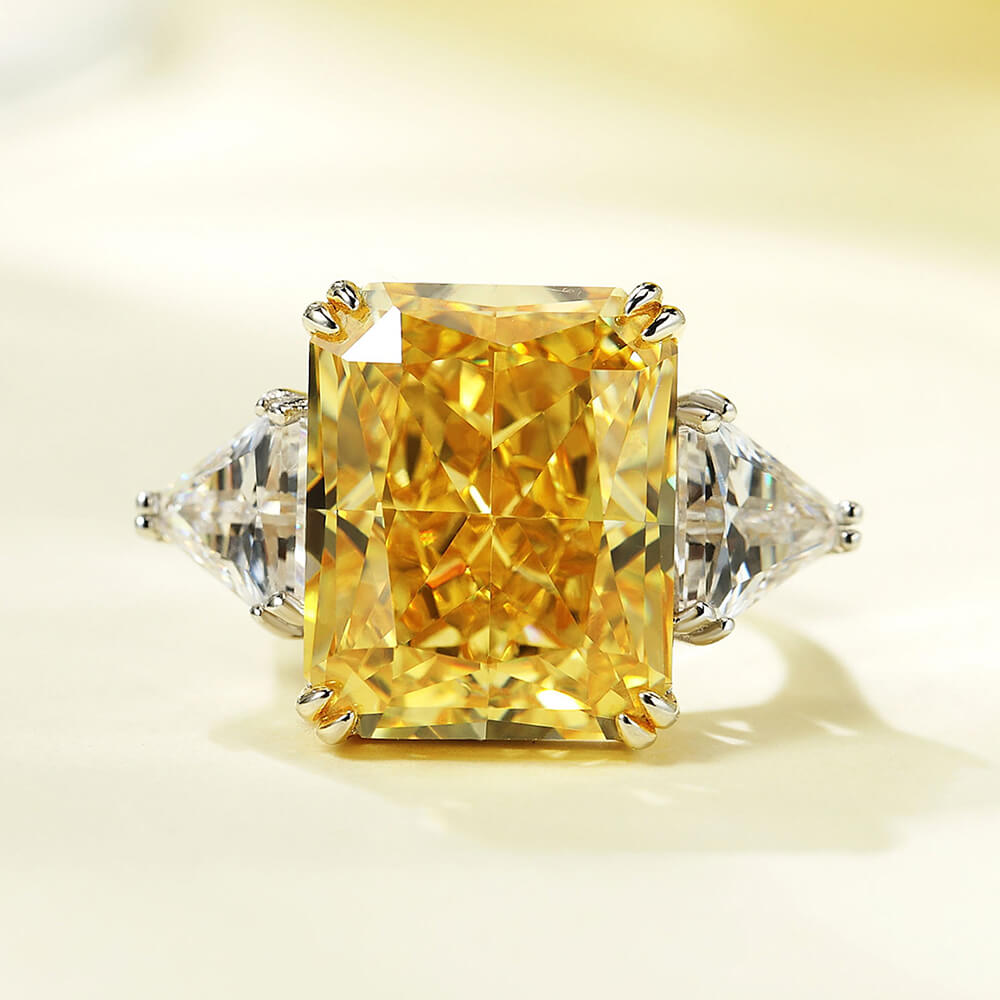 Three Stone Radiant Cut Yellow Sapphire Two Tone Sterling Silver Ring - ReadYourHeart