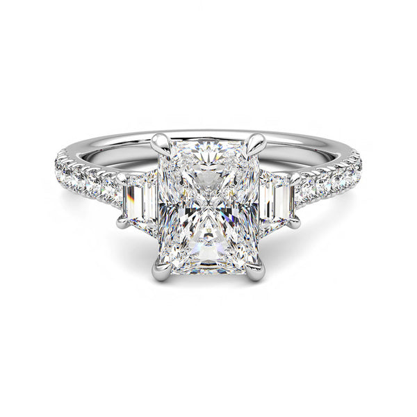 Three Stone Radiant Moissanite And Trapezoid Sidestone Pave Engagement Ring