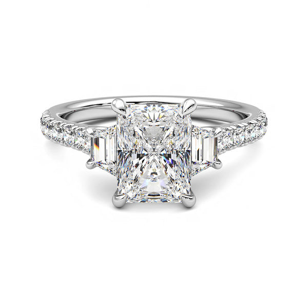 Three Stone Radiant Moissanite And Trapezoid Sidestone Pave Engagement Ring - ReadYourHeart