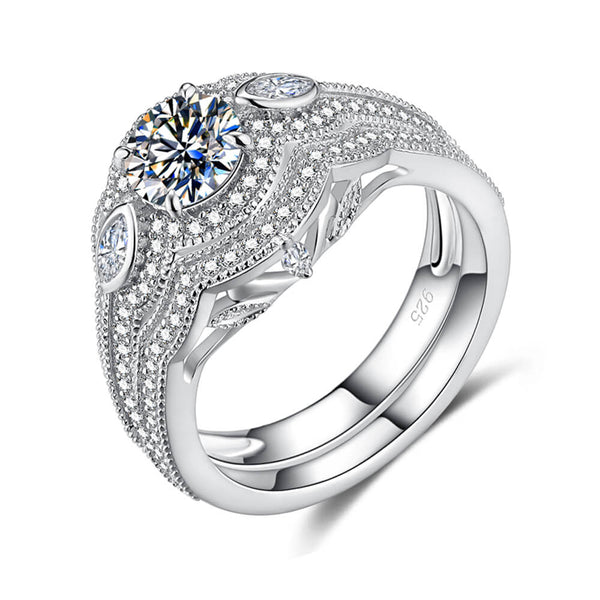 Three Stone Round And Marquise Moissanite Pave Ring Bridal Set