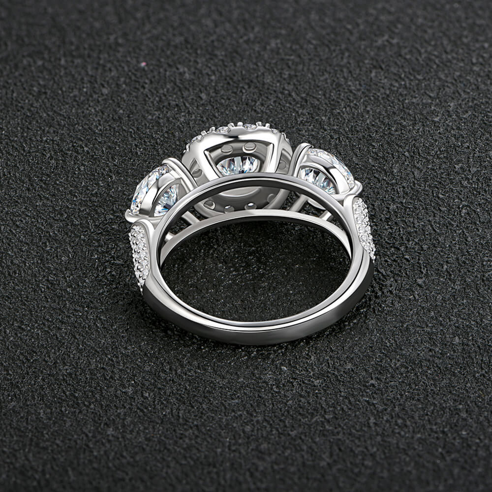 Three Stone Round Cut Moissanite Sterling Silver Wedding Halo Ring 3CT - ReadYourHeart