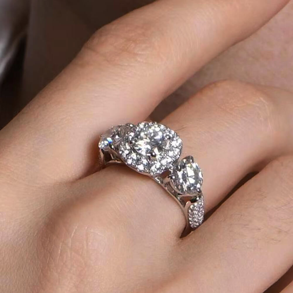 Three Stone Round Cut Moissanite Sterling Silver Wedding Halo Ring 3CT - ReadYourHeart