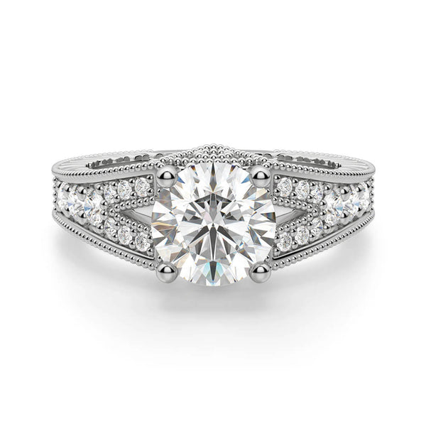 Vintage Milgrain Moissanite Split Shank Pave Engagement Ring