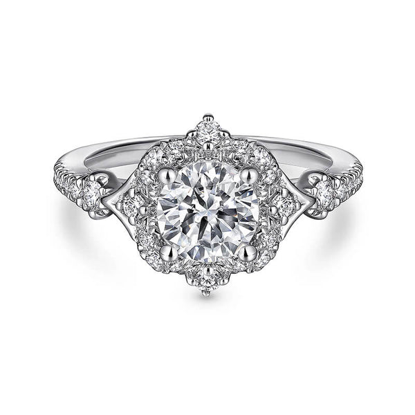 Vintage Halo Moissanite Cathedral Shank Pave Engagement Ring