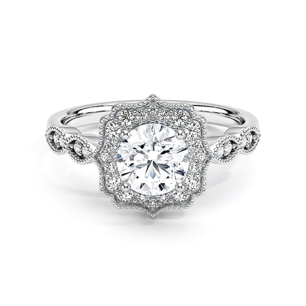 Vintage Halo Round Moissanite Marquise Milgrain Engagement Ring