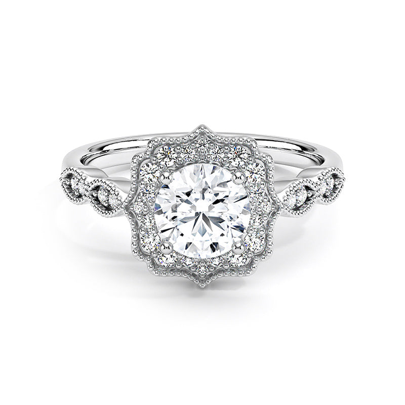 Vintage Halo Round Moissanite Marquise Milgrain Engagement Ring - ReadYourHeart