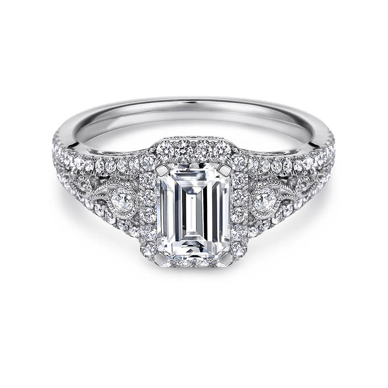Vintage Inspired Halo Emerald-Cut Moissanite Pave Engagement Ring - ReadYourHeart