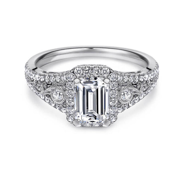 Vintage Inspired Halo Emerald-Cut Moissanite Pave Engagement Ring