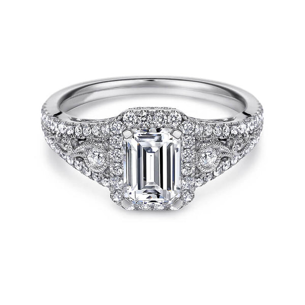 Vintage Inspired Halo Emerald-Cut Moissanite Pave Engagement Ring - ReadYourHeart