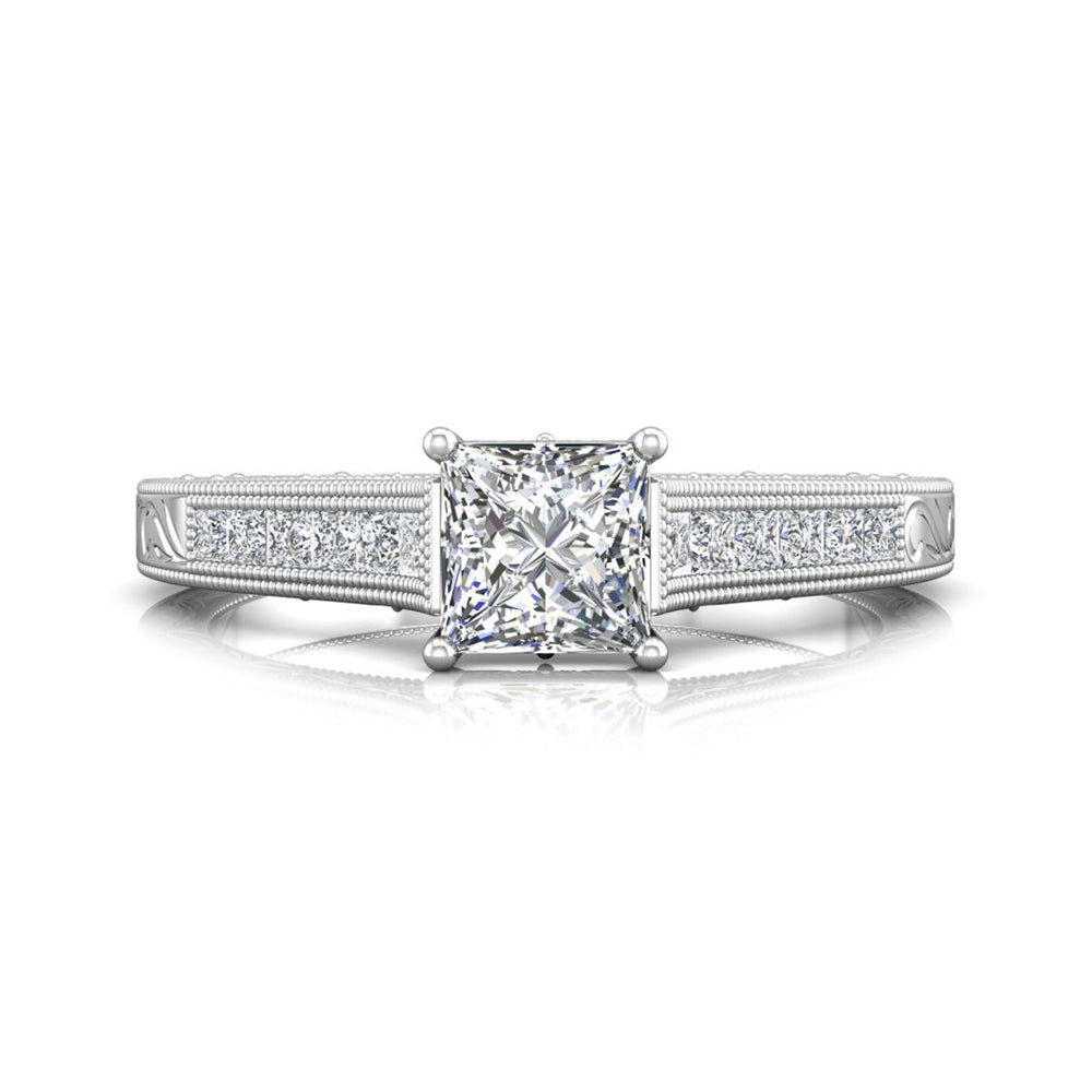 Vintage Princess Cut Moissanite Milgrain Engagement Ring in 18K White Gold - ReadYourHeart