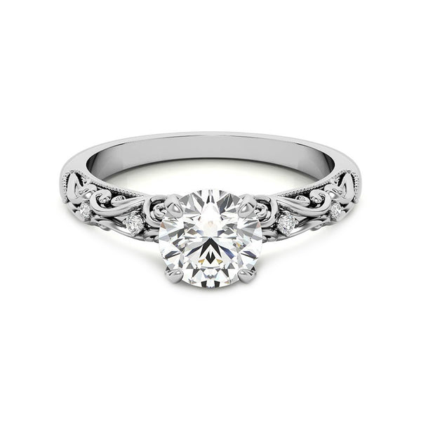 Vintage Scroll Round Moissanite Milgrain Engagement Ring - ReadYourHeart