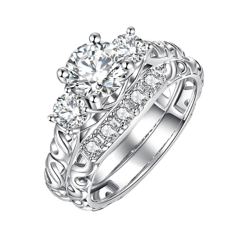 Vintage Three Stone Moissanite Bridal Engagement Ring Set - ReadYourHeart