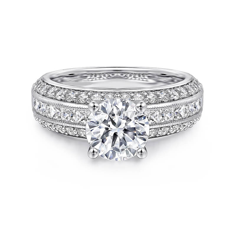 Wide Band Round Moissanite Triple Pave Engagement Ring - ReadYourHeart